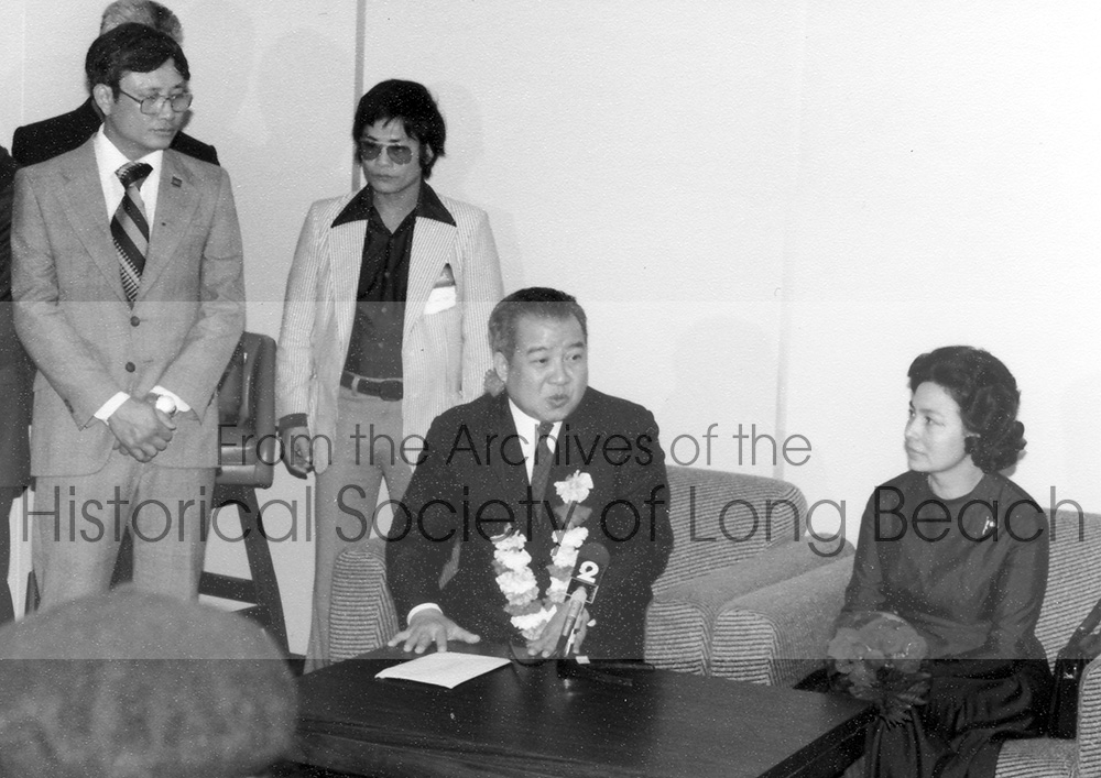 Prince Norodom Sihanouk (seated on the left) and his wife, Princess Monique, attended a conference in Long Beach, California held in 1980, the year after the overthrow of the Khmer Rouge by the Vietnamese.