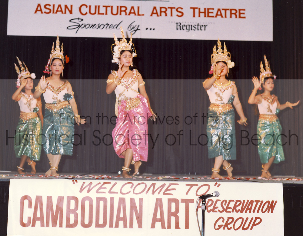 Leng Hang's dance troupe performed for events all over Southern California. In this photo, dancers perform the Blessing Dance (Robam Choun Por), introducing Cambodian traditional dance at the Asian Cultural Arts Theatre sponsored by the Register, an Orange County newspaper.