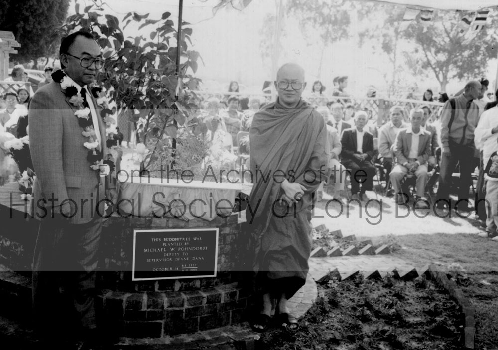 Ven. Kong Chhean (right) with Prince Norodom Sirivudh at the 1989 dedication ceremony for the planting of a Bodhi Tree (Ficus religiosa) from India at Wat Khemara Buddhikaram in Long Beach, CA. The Buddha reached enlightenment while meditating under a Bodhi tree.