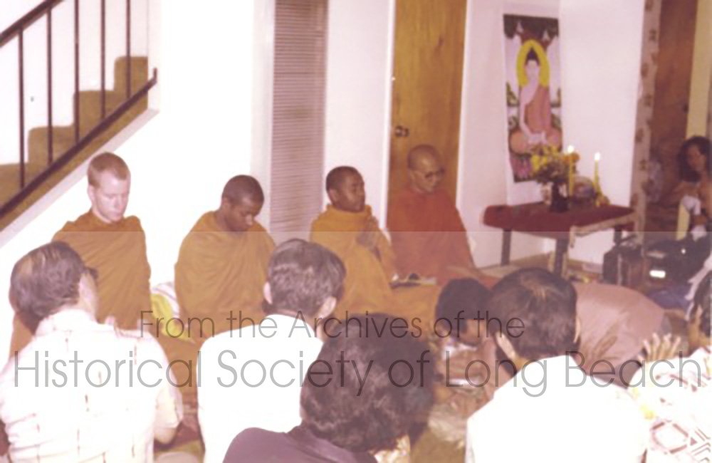 Venerable Dr. Kong Chhean (far right) with monks at a home in the City of Hawaiian Gardens, CA that served as the first Cambodian Buddhist temple in Southern California. Hawaiian Gardens is on the northeast border of Long Beach. The monk to the left is Benton Pandito, an American who studied in Thailand. The others are unknown.