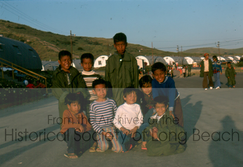 This picture shows a group of children at Camp Pendleton wearing military jackets given to them by Marines. Refugees arrived with little more than what they could carry. (David Kreng Collection)