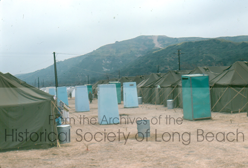 Close up image of the tents and latrine set up for Cambodian evacuees at Camp Pendleton in San Onofre, California. (David Kreng Collection)