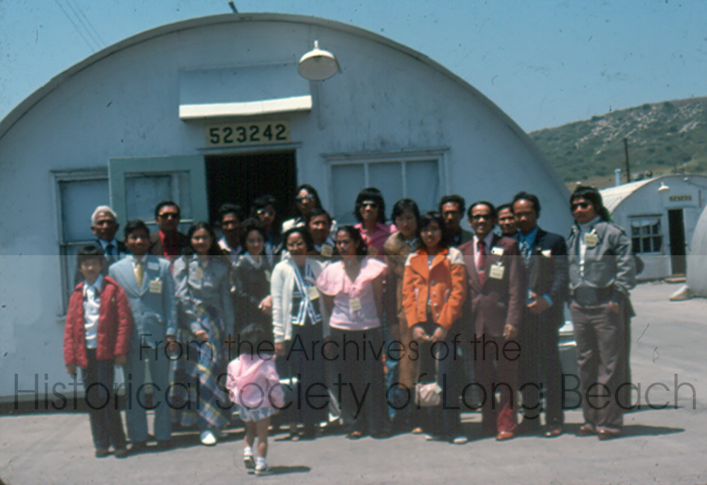 Members of the Khmer Solidarity Association (later known as Cambodian Community Association) made regular visits to Camp Pendleton to support Cambodian evacuees. This photograph from May 1975, shows a large group of the members in front of a quonset hut. (David Kreng Collection)