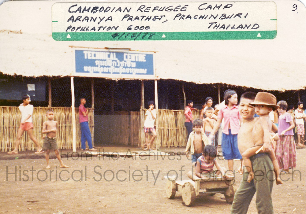 Children play in front of the Technical Center at the Cambodian Refugee Camp in Aranya Prathet, Prachinburi in Thailand. Viradet David Kreng took this picture of a refugee camp along the Thai-Cambodia border on April 18, 1978. (David Kreng Collection)