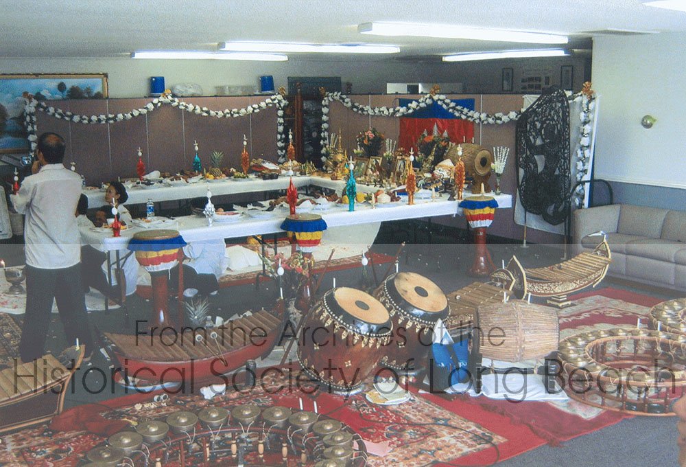 Instruments for a Pin Peat orchestra next to the altar for the Spirits of Angkor, Sompeah Kruu ceremony held at the offices of the Cambodian Association of America, in Long Beach, CA on Thursday, November 23, 2006. Live music at this ceremony is extremely important.