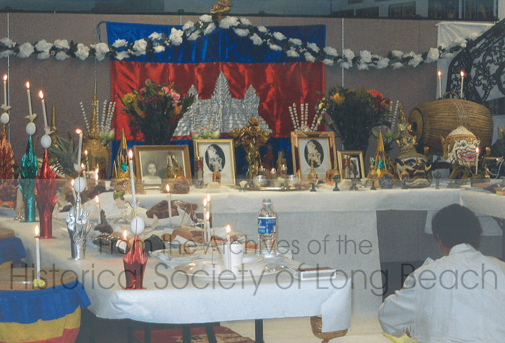 Altar for the Spirits of Khmer Angkor Sompeah Kruu Ceremony held at the offices of the Cambodian Association of America in Long Beach, on Thursday, November 23, 2006. Objects used in the dance and music, such as costumes, instruments, masks, a shadow puppet as well as photos of deceased teachers, and ceremonial objects, are placed on the altar to be thanked and blessed.