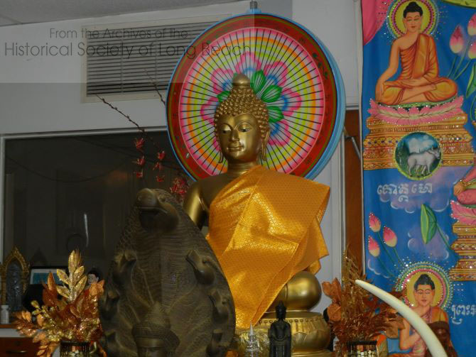 Many of the Cambodian Buddhist temples in Long Beach are two stories with an altar in the main gathering area on the first floor and another private altar on the second floor. This is the Buddha on the private altar at Wat Willow.