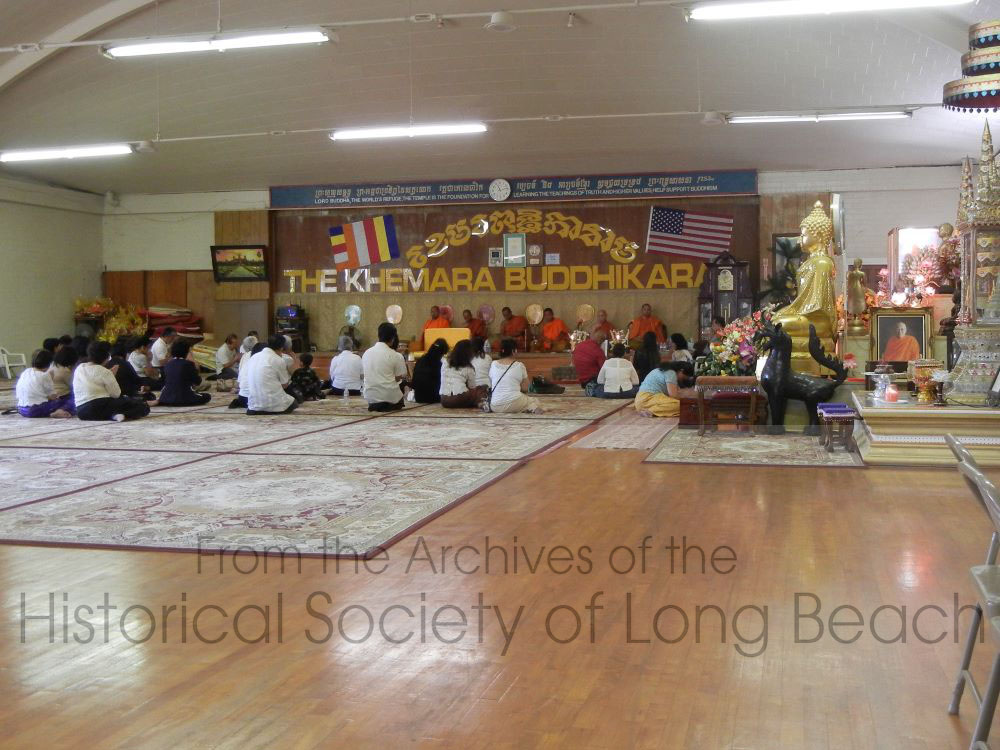 A ceremony at Wat Willow in Long Beach, CA. Only a few Cambodian Buddhist temples have been built in the U.S. Most are located in former homes, churches, or commercial buildings that have been renovated. Wat Willow is located in a former Union Hall.