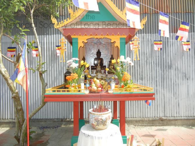 A spirit house at Wat Orange in Long Beach, CA. Cambodian Buddhism incorporates aspects of animism and belief in local land spirits, known as neak ta.