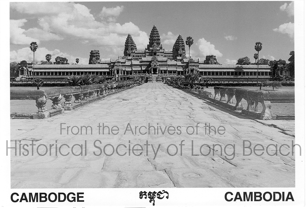 Cambodia gained independence from French colonial rule in 1953. This postcard depicts the entrance to Angkor Wat and Cambodia written in French, Khmer and English.