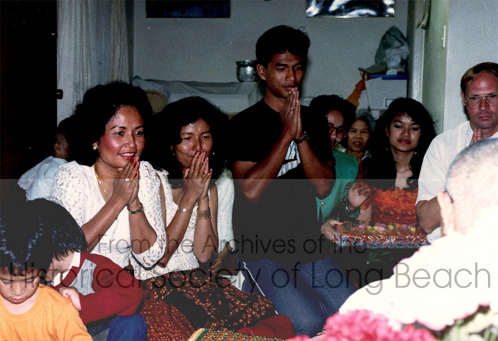 Bokanika Kan’s family and step-family gather for a special occasion. Third and fourth from left: Bokanika Kan’s mother, Borin Kan, and her aunt, Rumpo Chim. At far right is her step father, Craig Blackman. c. 1980.