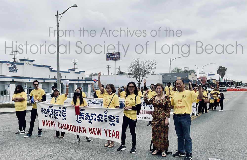 Cambodian American United Methodist Church members walking in the 2022 Cambodia Town Parade and Culture Festival. Left to right: Chinda Chheng, Matthew Glenn, Yanna Hay, Dr. Lee’s daughter, Mariella Nget, Salen Mam, Susan Hun, Dr. Lee, and Dr. Lee’s husband, Christopher Nget. The color and message of t-shirts are reminiscent of the t-shirts given out by missionaries in the refugee camps in Thailand. They are recognized by all who passed through the camps.