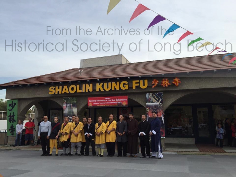 Clark Tang (far right in blue) at the grand opening of the Shaolin Kung Fu school in Walnut, CA, 2015. Clark practices a modern version of Shaolin, but is affiliated with this school. All the men in yellow are Shaolin monks.
