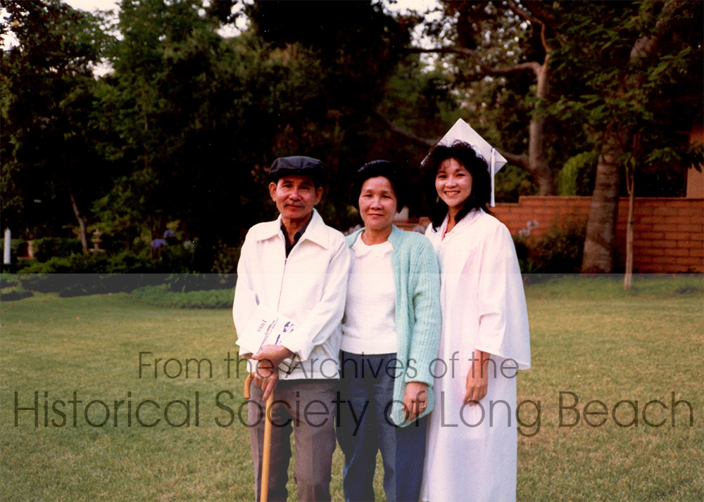 Kam Lou Lopez with her parents for her graduation from Franklin High School, Los Angeles 1988. From left to right: Kam’s father, Man Lou; her mother, Fang Phar; and Kam.