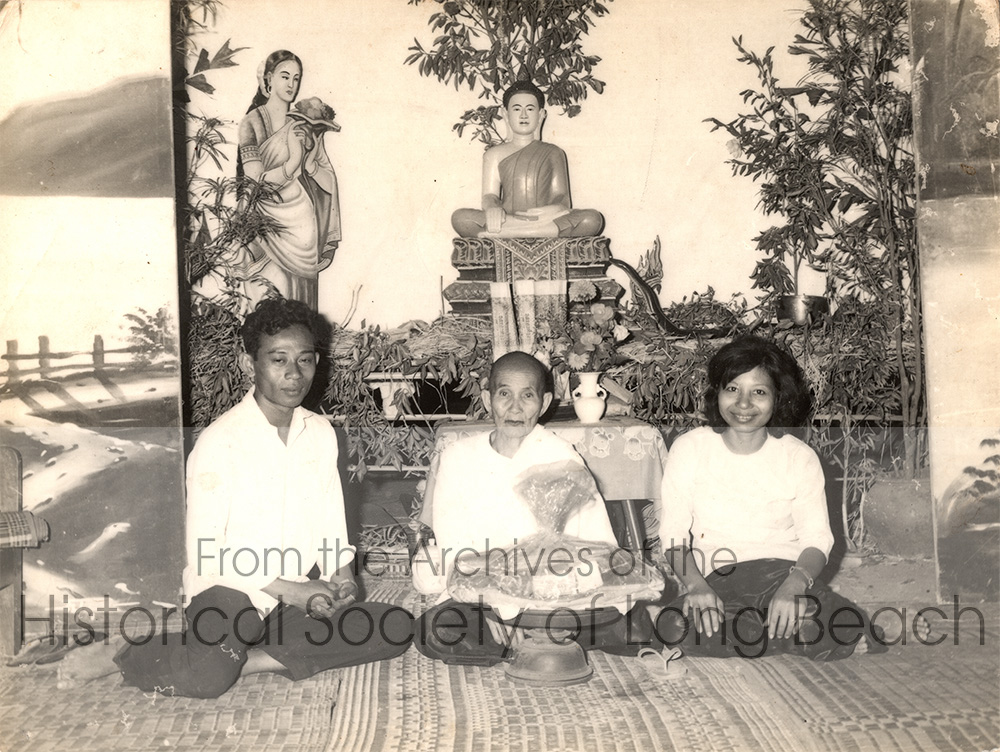 Namoch Sokhom’s family attending a fundraising event at Angkor Wat, Siem Reap, Cambodia 1967. From left: Namoch Sokhom’s father, Luy Sokhom; father’s great great aunt, Yey Kong; Namoch’s mother, Thach In.