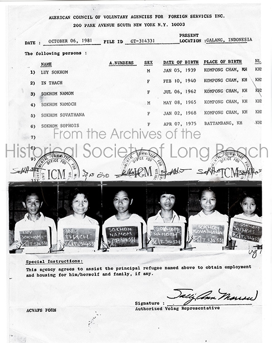 Formal documentation that Namoch Sokhom’s family has been accepted for resettlement in a third country, at the Galang II Refugee Camp in Indonesia, October 6, 1981. From left, is Namoch’s father, Luy Sokhom; Namoch’s mother, Thach In; older sister, Namom Sakhom; Namoch; younger sister, Sovathana Sokhom; youngest sister, Sophois Sokhom. While waiting for processing to be completed, they attended English classes.