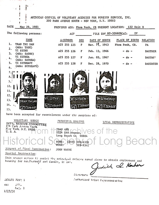 On May 29, 1981, Sithy Yi’s family was approved for travel from the Chonburi refugee camp in Thailand to Long Beach, California. Their uncle, Tran Anh, who lived in Long Beach, had sponsored them.
