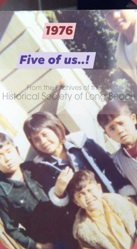 Sophy Khut and her siblings shortly after arriving in Portland, Oregon in 1976. From left to right: Sophy’s brother, Sophal, Sophy, and her brothers Chetra and Sophat. In the upper right corner of the picture is Sophy’s brother Sokheng. They flew to Oregon from the refugee camp in Surin, Thailand.