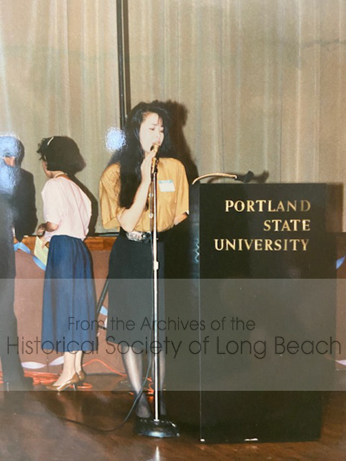 Sophy Khut was president of the Cambodian Cooperative for International Students at Portland State University in Oregon. She is speaking at an event in 1988.